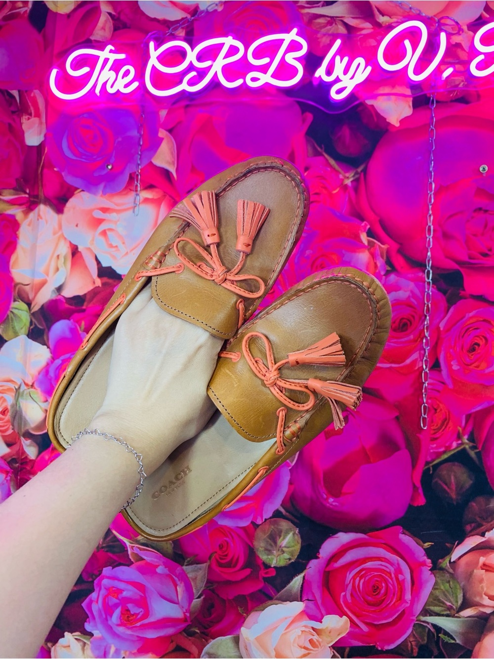 Coach Tan Isabelle Leather Tassel Mules with Coral Accents